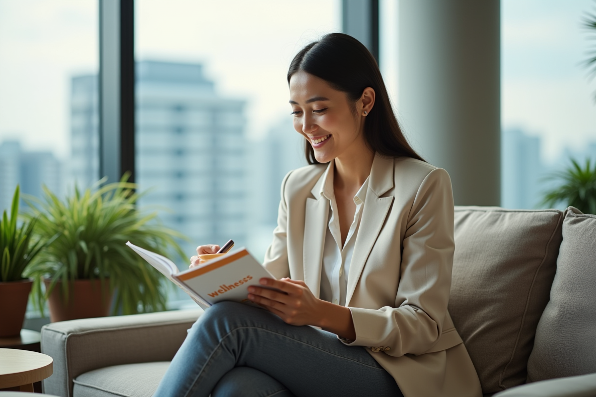 Femme en pause dans un espace détente au bureau