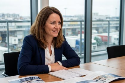 Femme en formation dans une salle moderne avec brochures