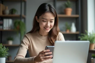 Jeune femme professionnelle utilisant son smartphone au bureau