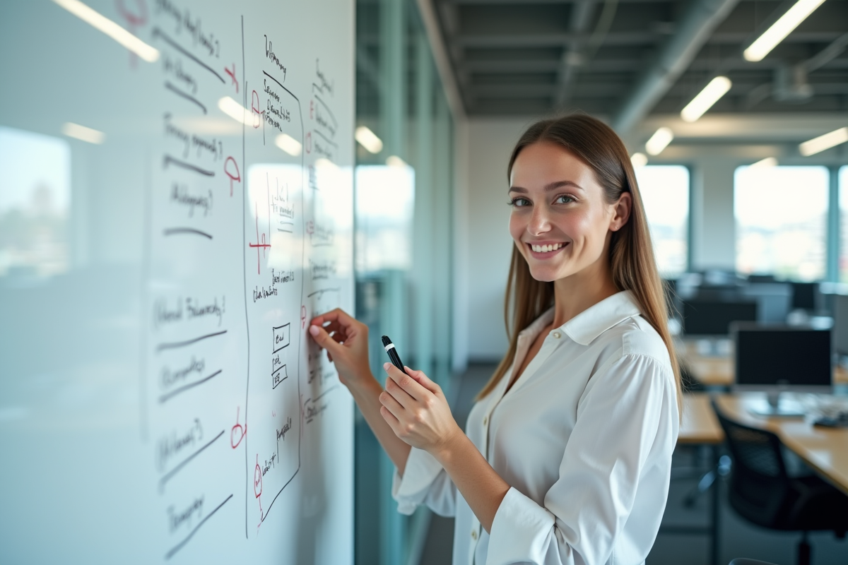 Jeune femme expliquant un diagramme blanc sur whiteboard