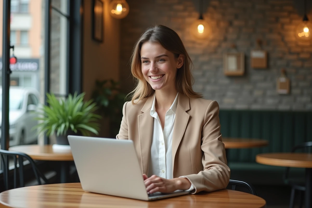 Femme suisse souriante tapant son CV sur un ordinateur portable dans un café