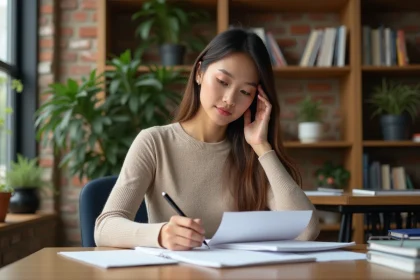Jeune femme au bureau examinant des dossiers de patients