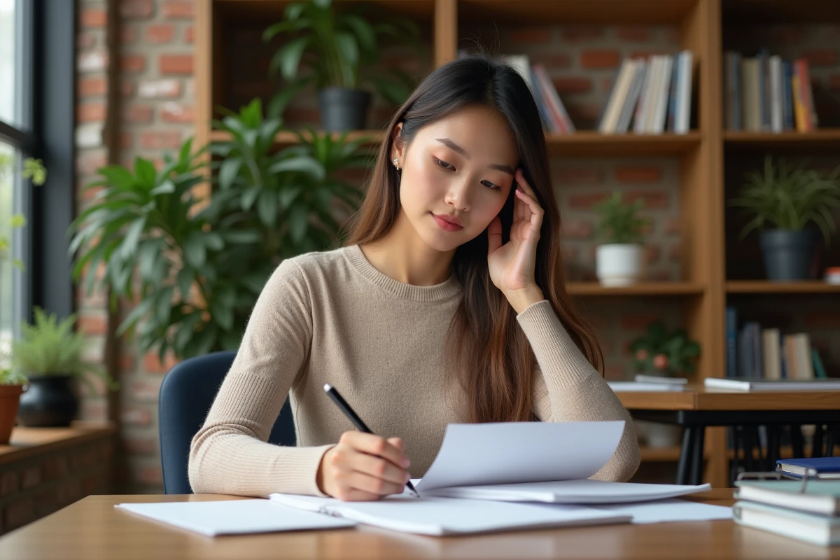 Jeune femme au bureau examinant des dossiers de patients