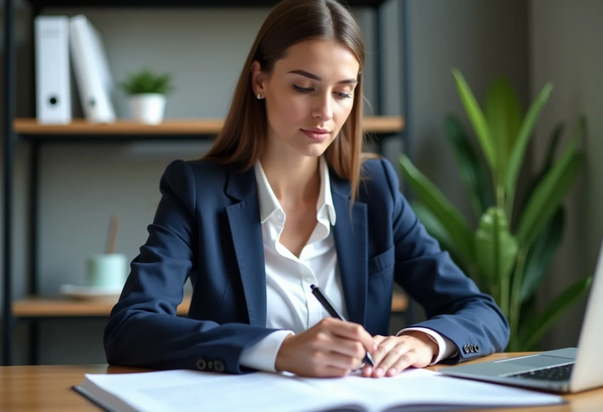 Femme concentrée examinant des documents de formation