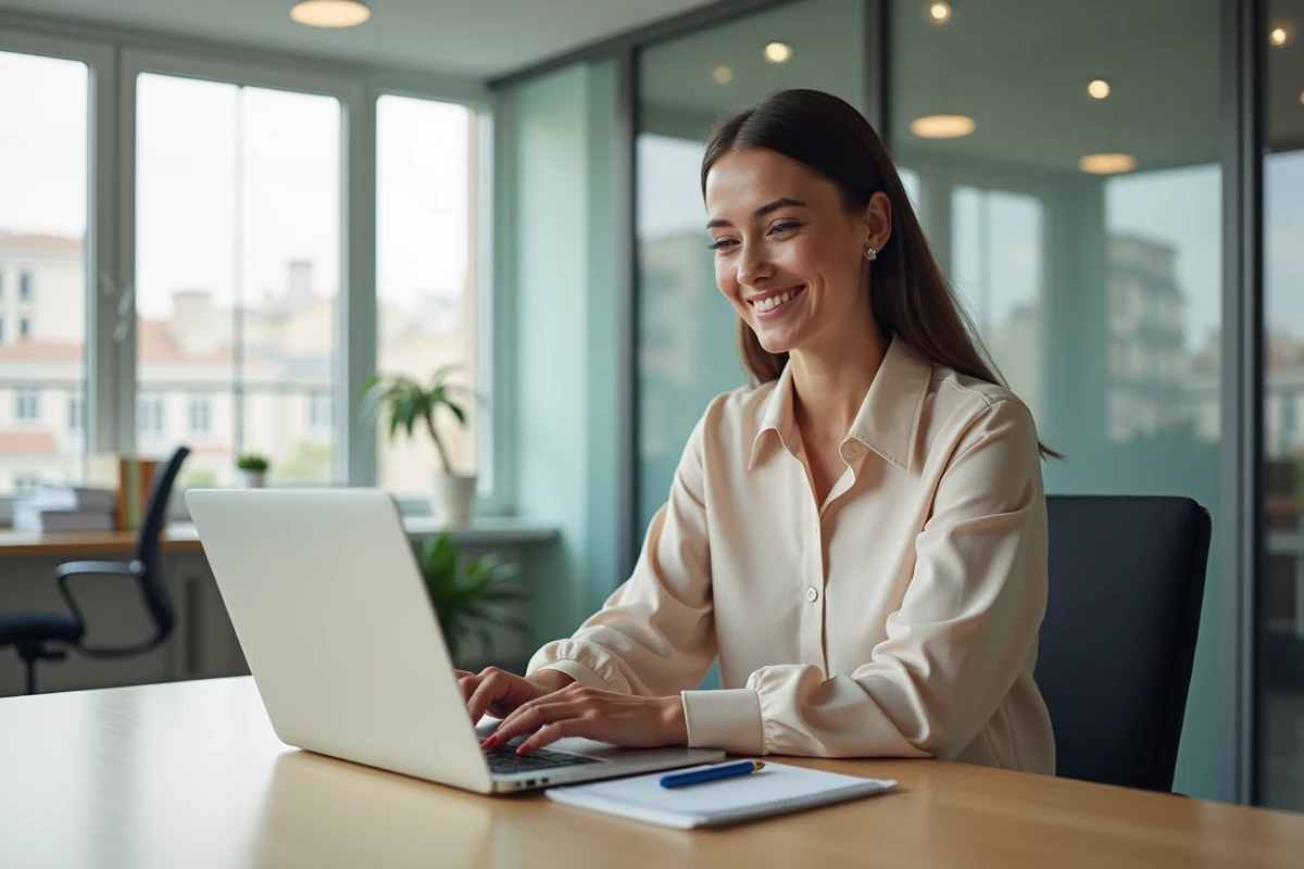 Jeune femme vérifiant une réponse correcte au quiz Pi dans un bureau moderne