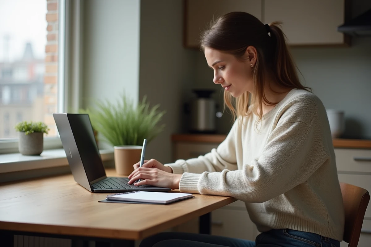 Jeune femme travaillant à la maison sur son ordinateur