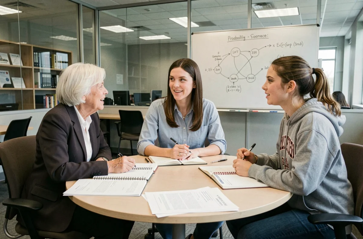 Trois femmes mathématiciennes de générations différentes en discussion lors d'un séminaire académique, transmission du savoir scientifique féminin