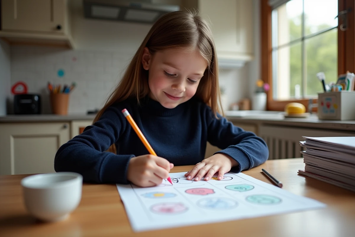 Jeune fille de 7 ans coloriant une fiche d'activite