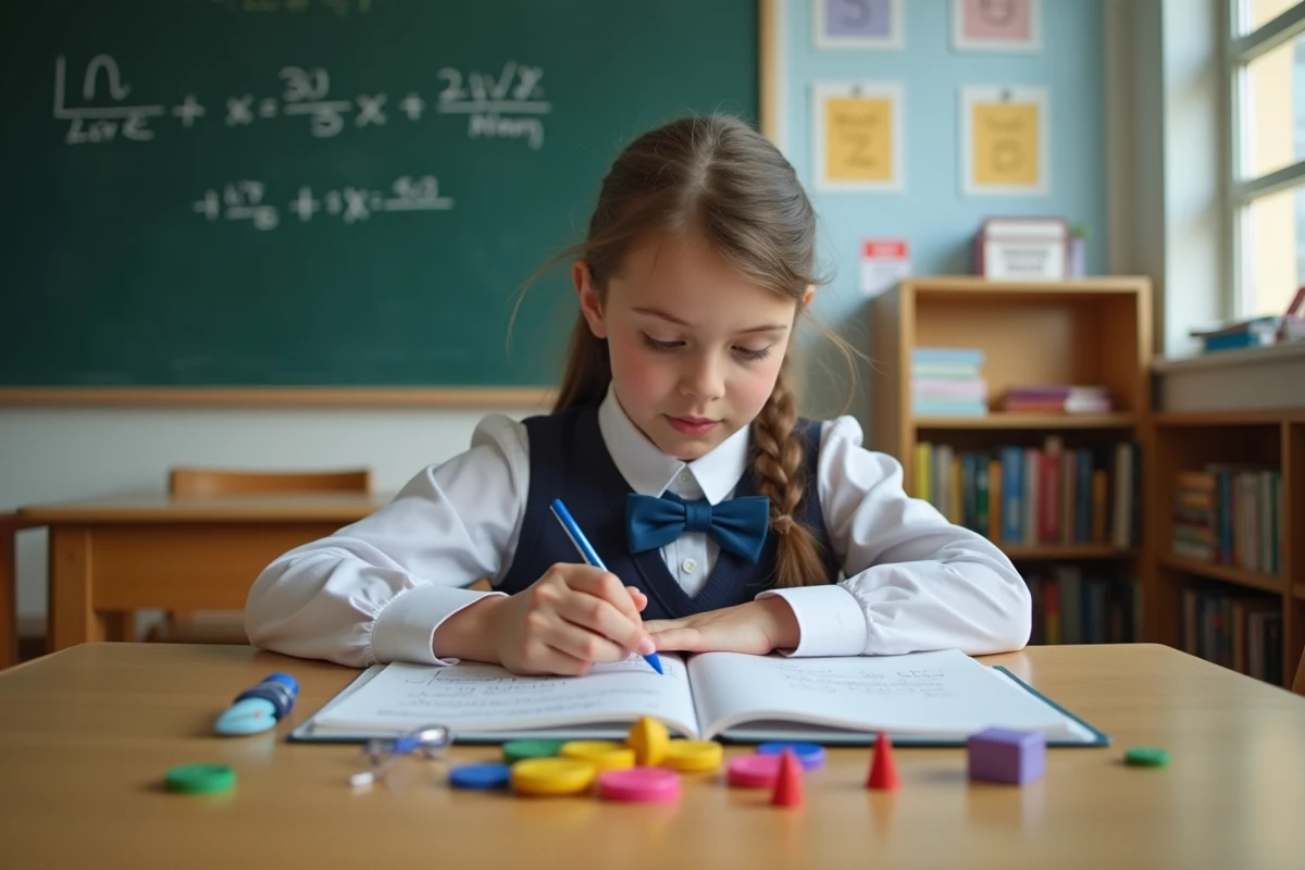 Jeune fille en uniforme arrange des tokens mathématiques