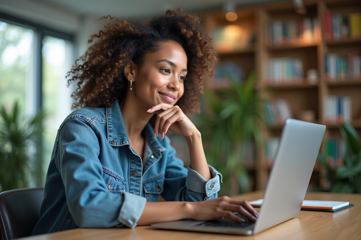 Jeune femme en bibliothèque avec ordinateur et graphiques