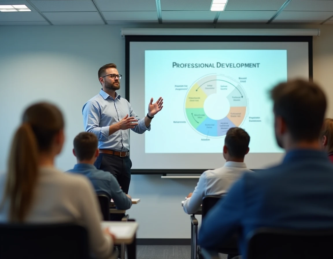 Formateur professionnel animant une session de développement des compétences devant un tableau interactif à Montpellier