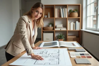 Femme en formation aménagement intérieur étudiant des plans et échantillons de matières dans un studio de design moderne