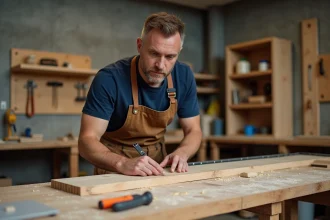 Homme en tablier de bricolage mesurant une planche en bois dans un atelier de formation pratique