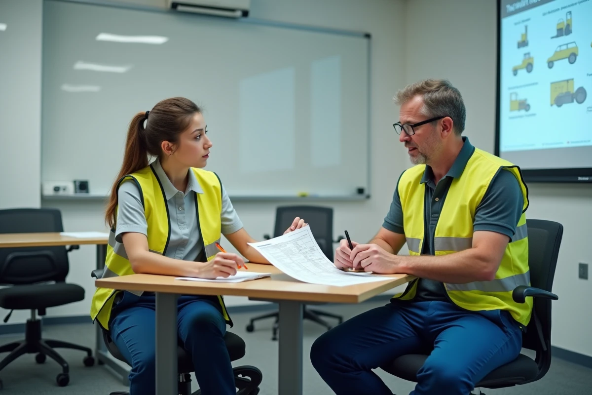 Apprentie en formation CACES avec son formateur dans une salle de cours de centre de formation professionnelle