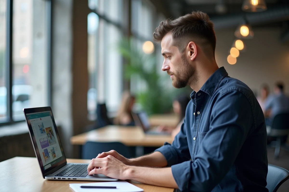 Homme en espace de coworking apprenant à créer des pubs Facebook avec Canva via CPF