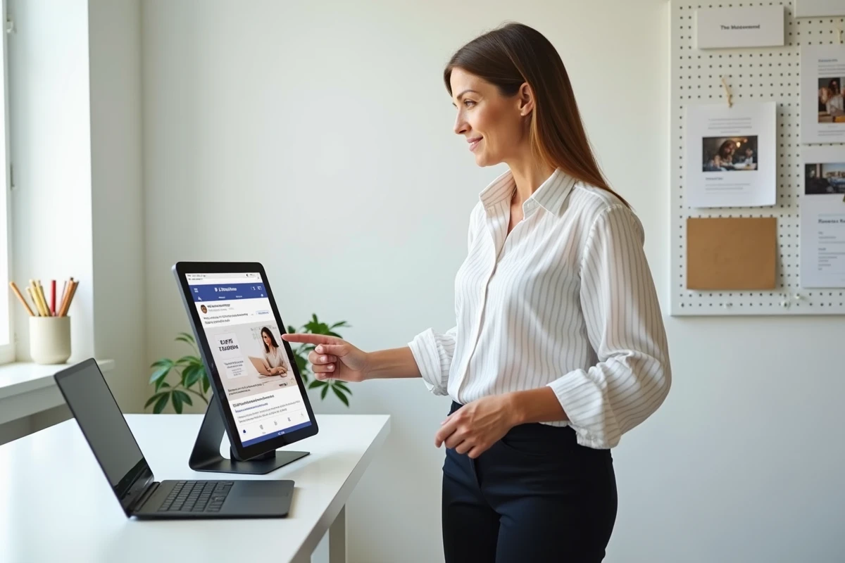 Professionnelle présentant une création de publicité Facebook réalisée avec Canva dans le cadre d'une formation CPF