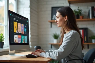 Femme suivant une formation Canva sur ordinateur pour créer des publicités Facebook efficaces