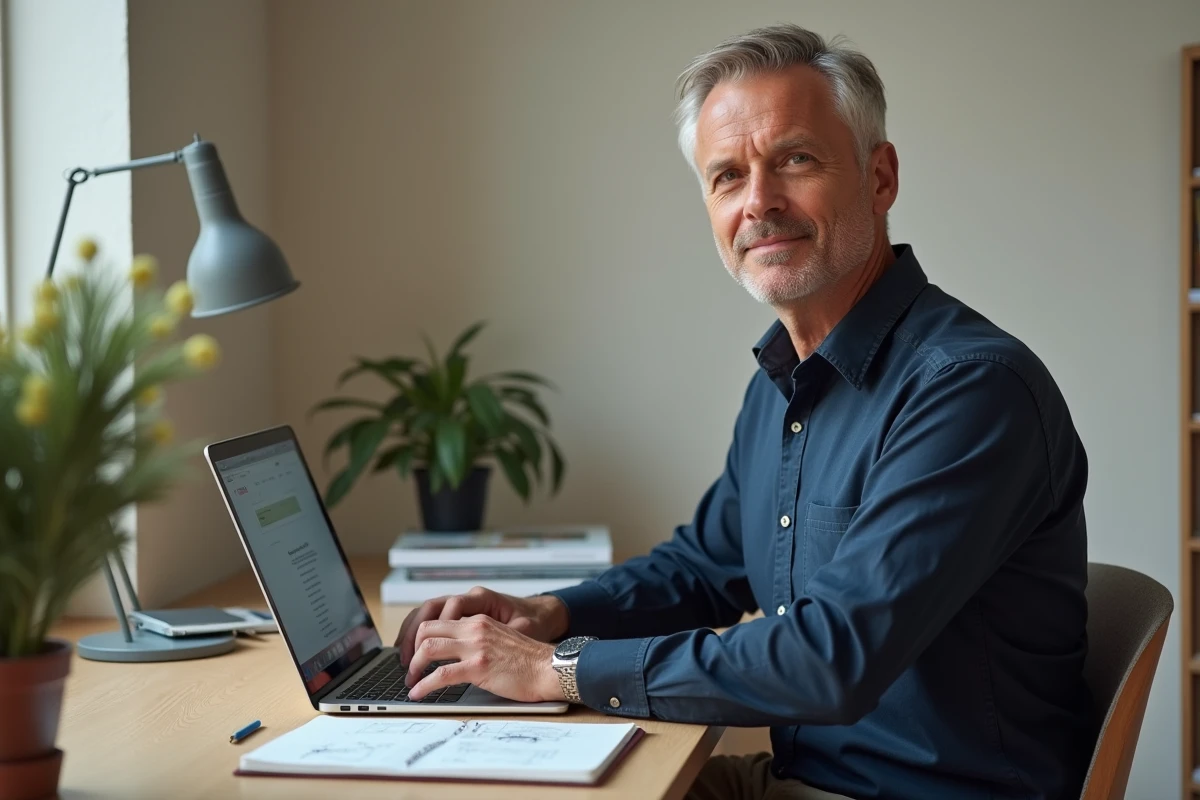 Homme suivant une formation en ligne sur l'aménagement intérieur à son bureau à domicile avec des notes et un ordinateur portable
