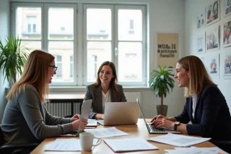 Professionnels en formation collaborative autour d'une table dans une salle de cours moderne à Montpellier