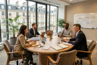 Groupe de professionnels adultes en formation dans un centre parisien moderne, vue grand angle sur une salle de formation en Île-de-France
