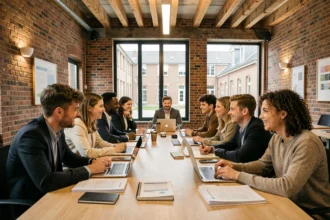 Groupe d'étudiants en formation en alternance réunis autour d'une table dans un centre de formation moderne des Hauts-de-France