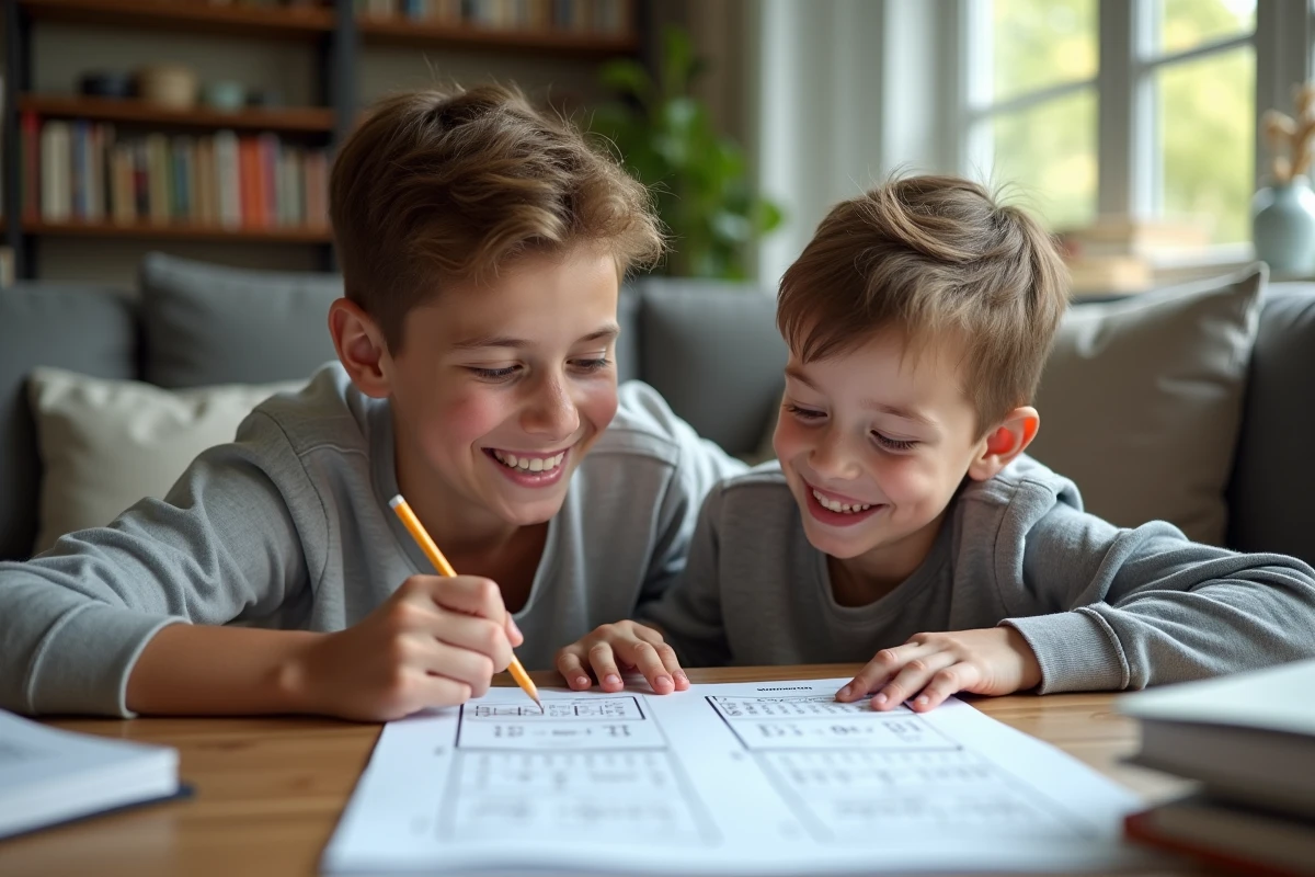 Garçon de 6e avec parent travaillant sur une fiche