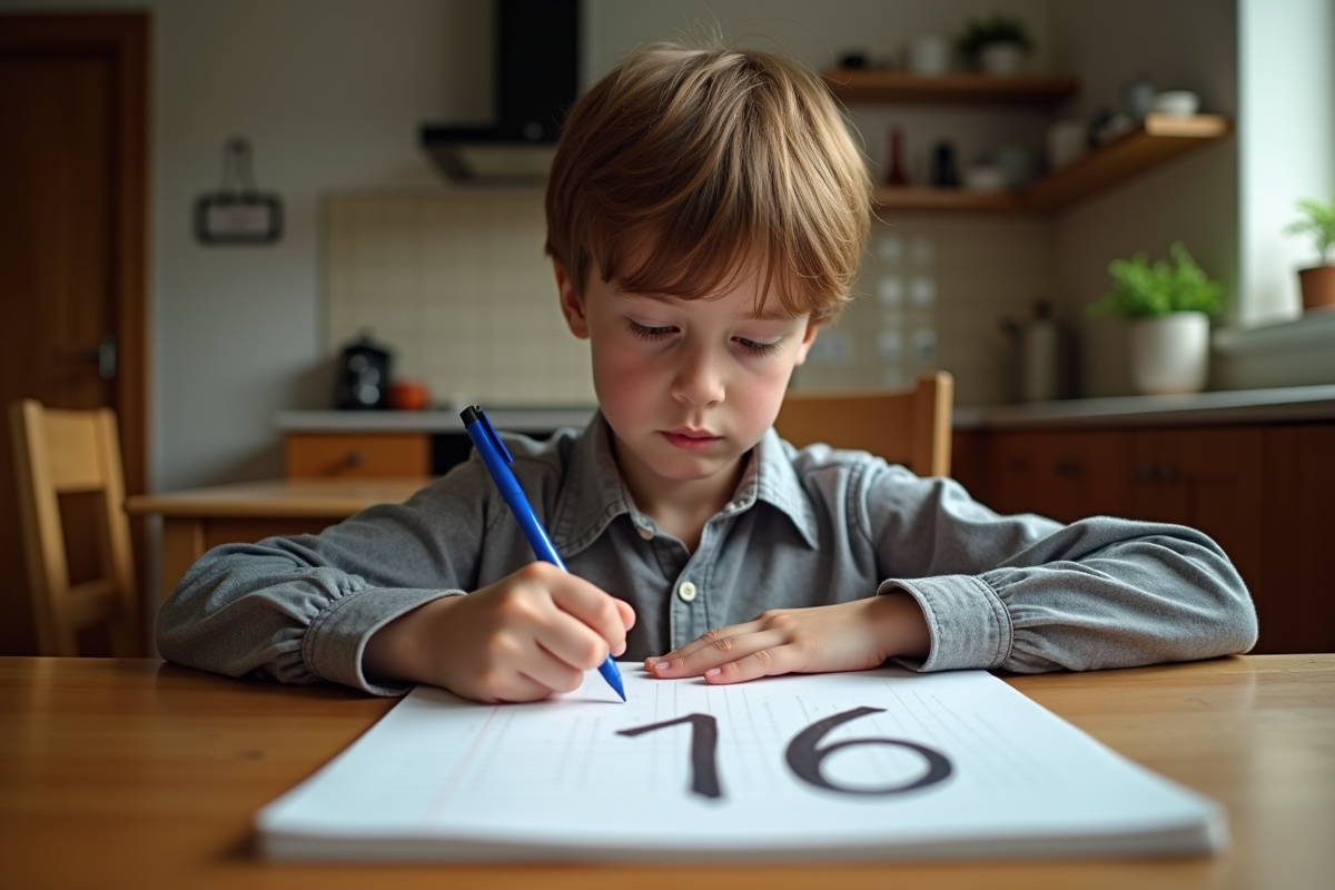 Jeune garçon écrivant le nombre 16 dans un cahier