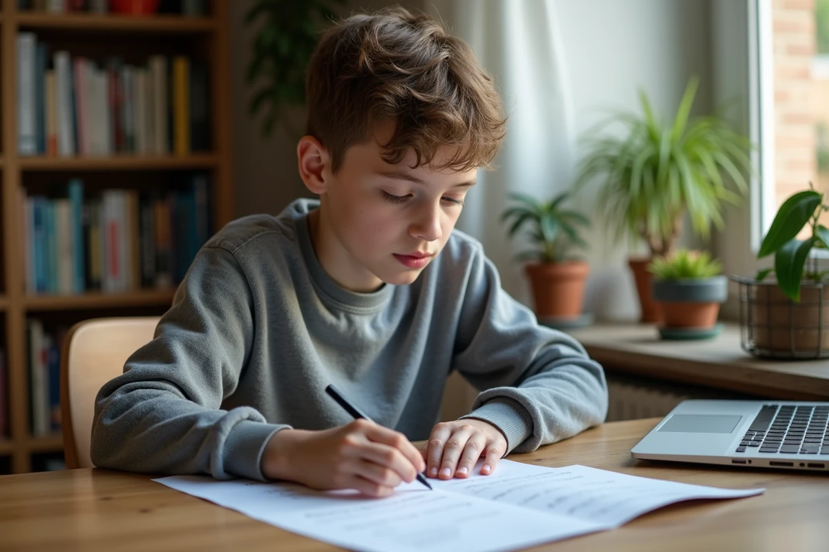 Adolescent étudiant à la maison avec tableau de conjugaison