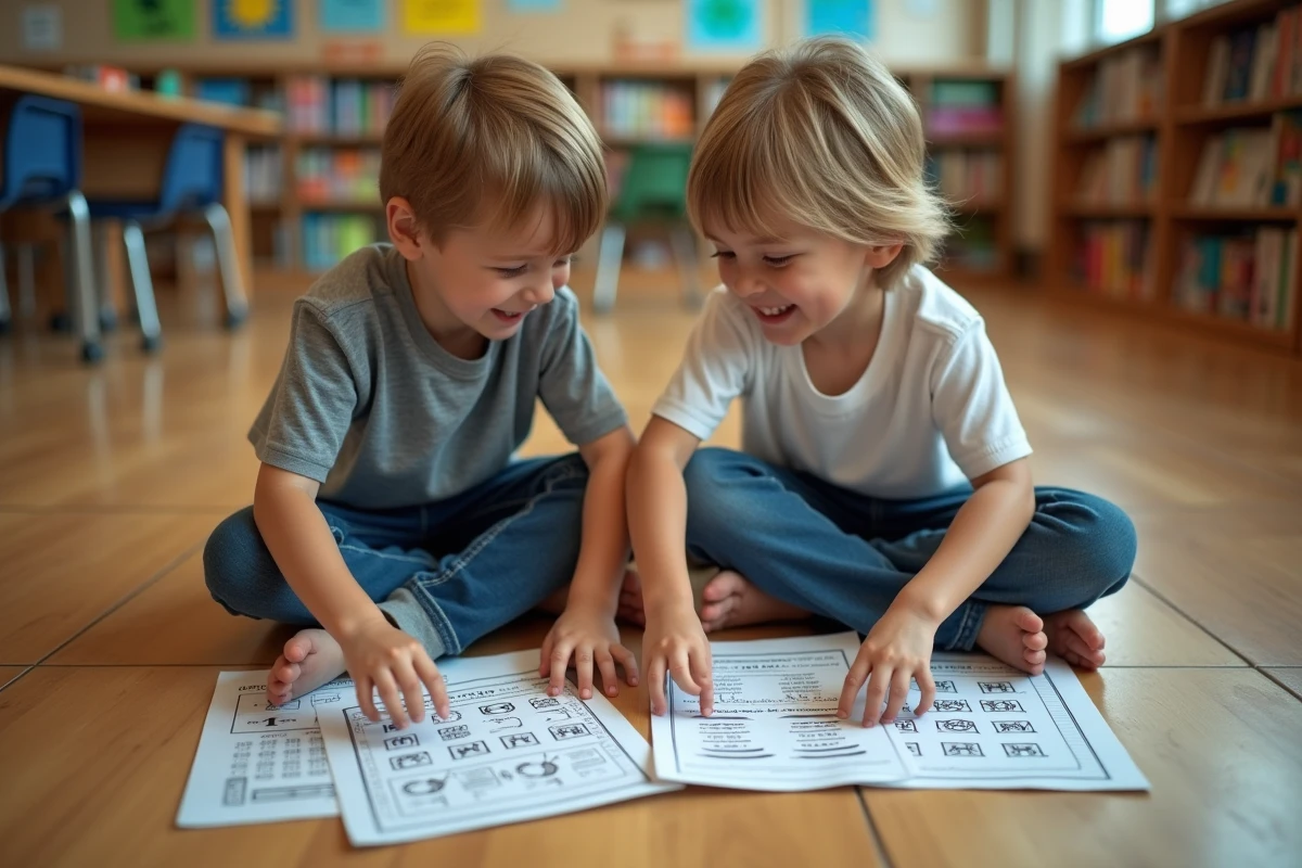 Deux garçons de 7 ans partageant des fiches de jeux