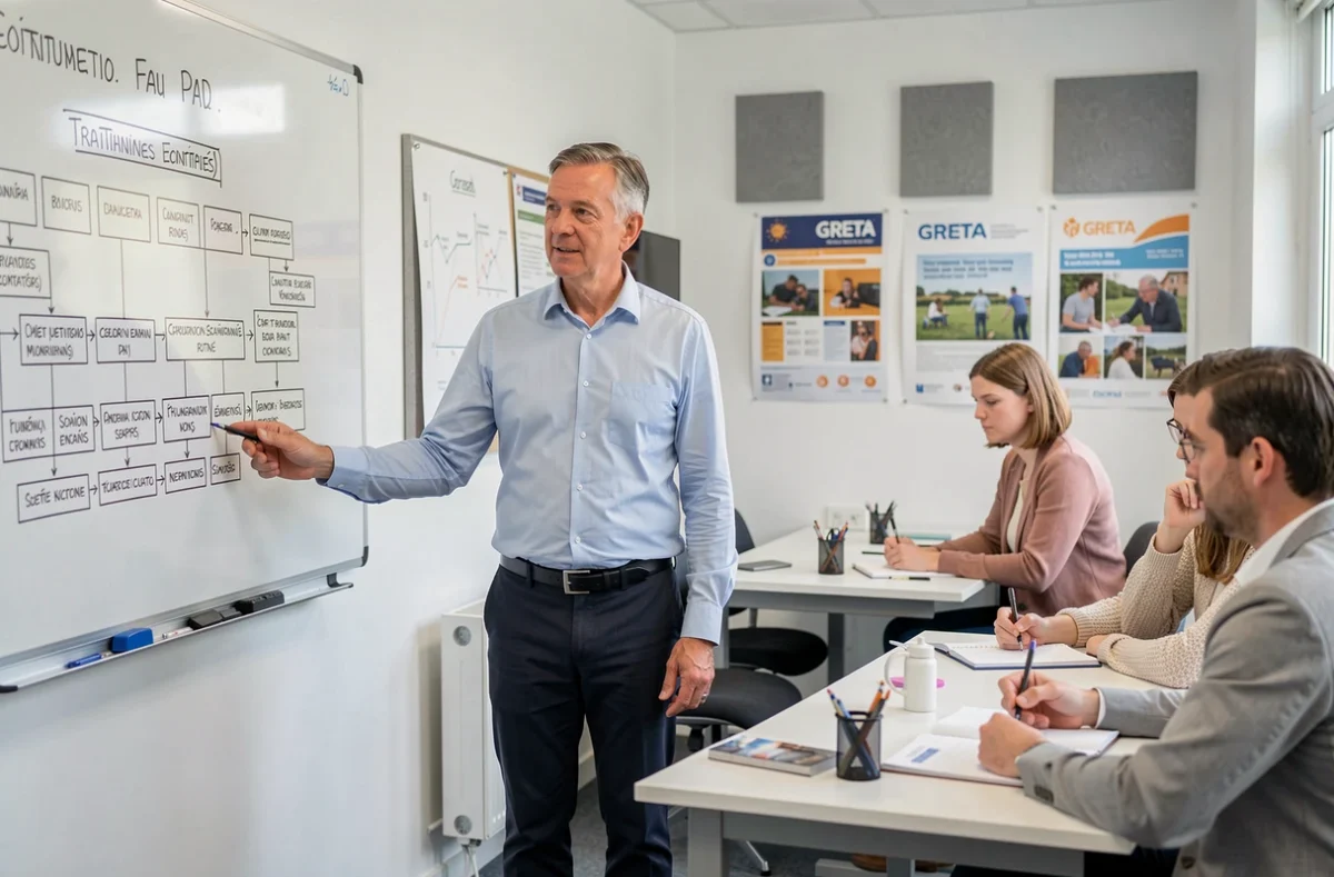 Formateur devant un tableau blanc dans une salle de cours du GRETA-CFA Aquitaine Agence du Béarn à Pau