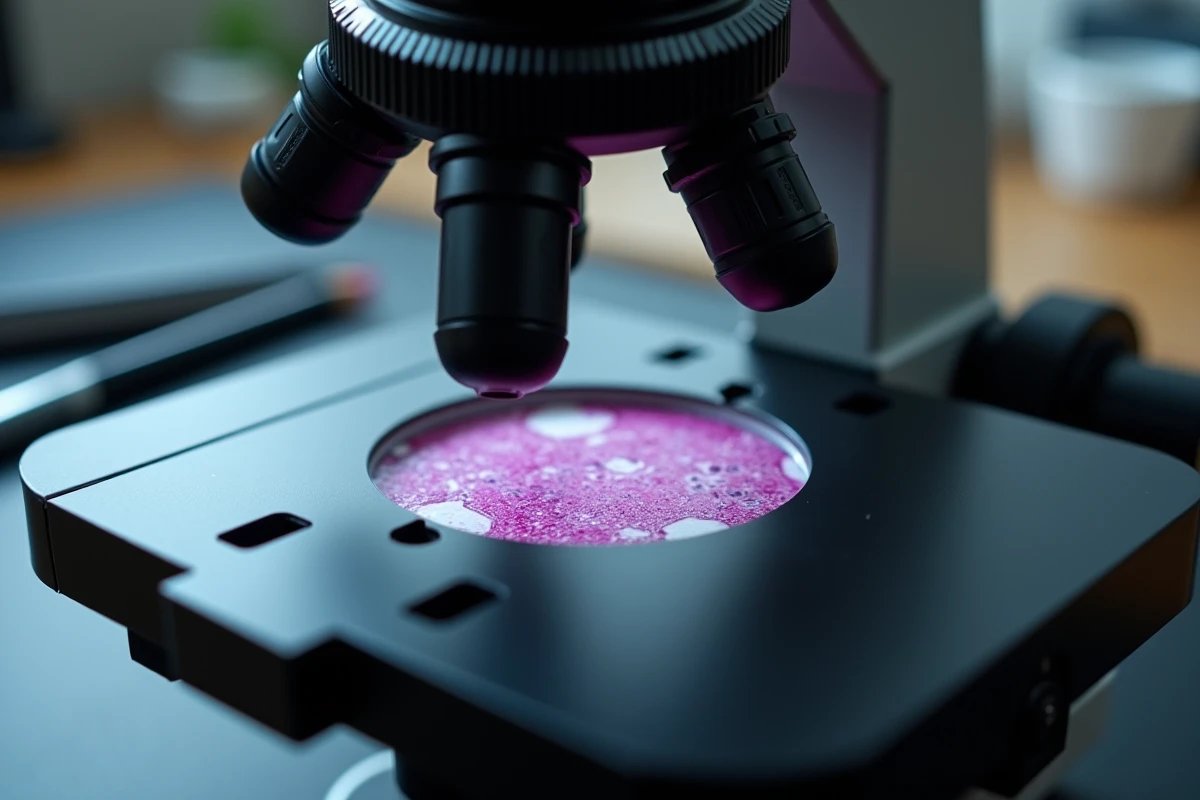 Gros plan d'un microscope optique avec une lame de coupe transversale de tissu coloré à l'hématoxyline-éosine