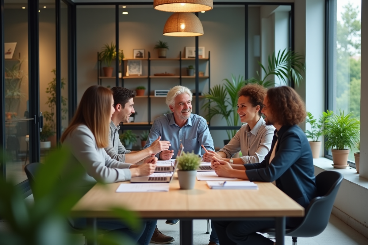 Groupe de collègues en réunion dans un bureau moderne