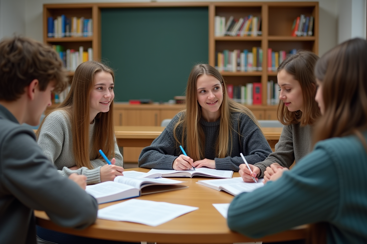 Groupe de lycéens en classe avec livres de français