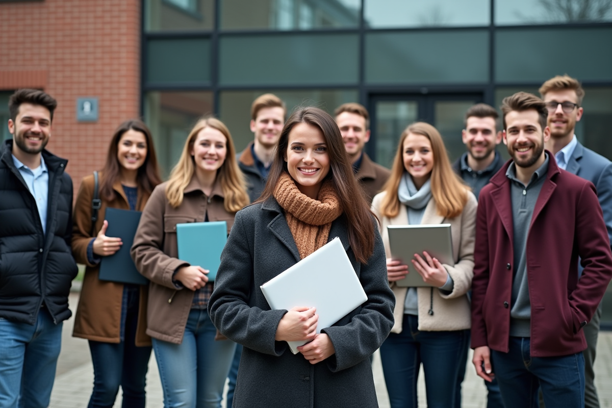 Groupe de jeunes diplômés devant un institut technique
