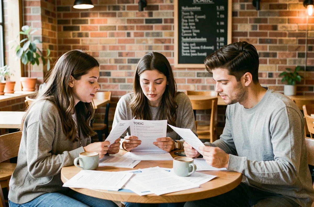 Groupe d'étudiants qui comparent leurs réponses sur des exercices de préparation au TOEIC autour d'une table dans un café