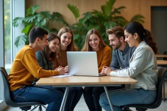 Groupe d'étudiants universitaires autour d'un ordinateur