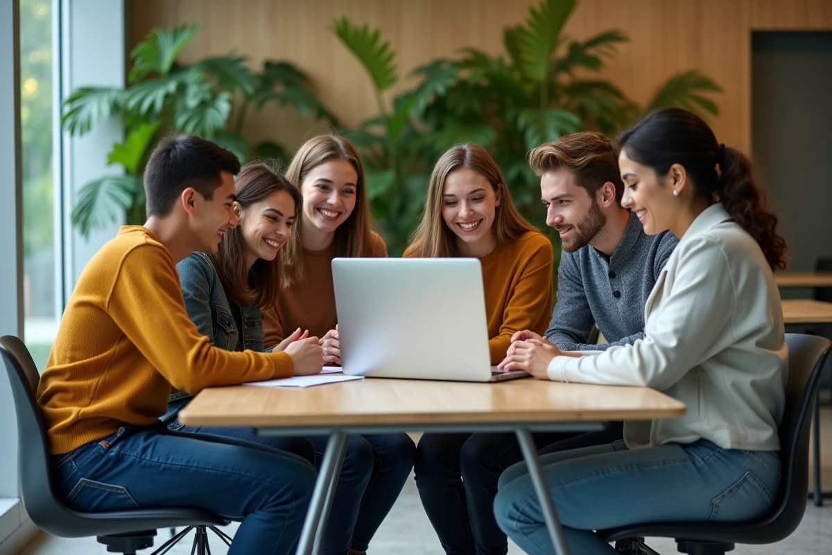 Groupe d'étudiants universitaires autour d'un ordinateur