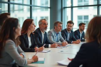 Groupe divers d'adultes en formation en salle lumineuse