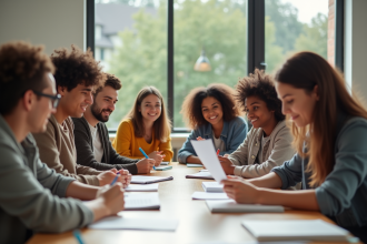 Groupe de jeunes discutant autour d'une table en classe