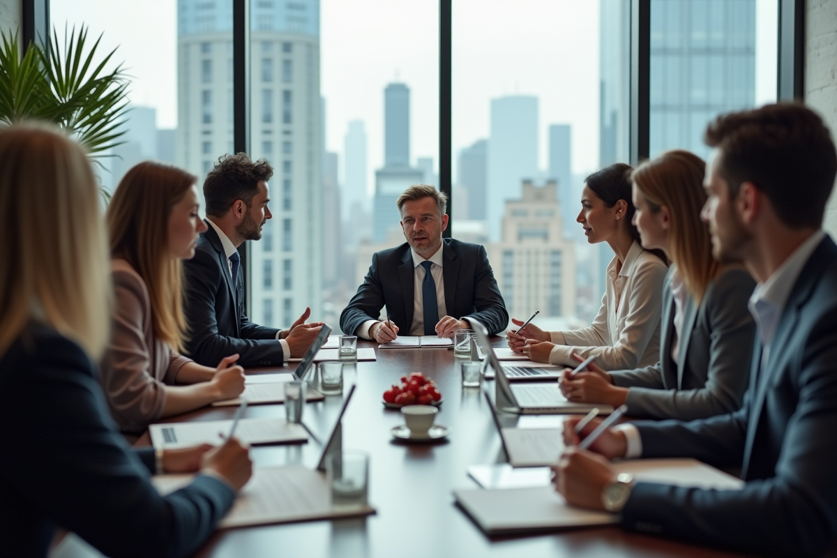 Groupe de professionnels en réunion dans un bureau moderne