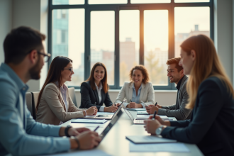 Groupe de professionnels en réunion dans un bureau lumineux