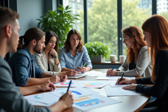 Groupe de professionnels en réunion de travail moderne