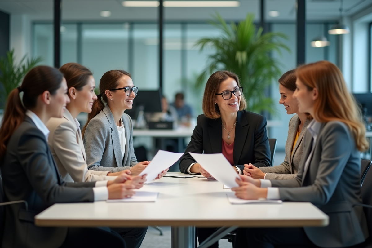 Groupe de collègues en réunion dans un bureau moderne