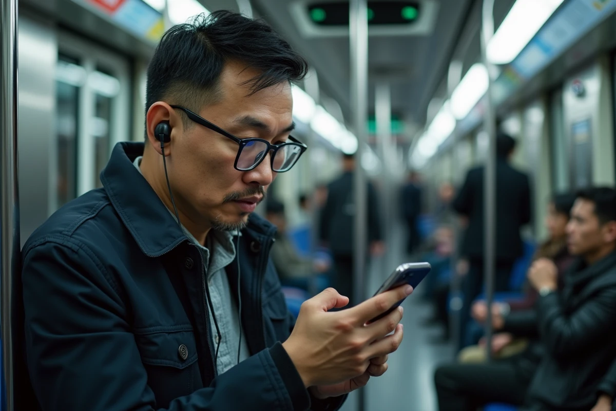 Homme apprenant le chinois sur son smartphone dans le métro pendant son trajet quotidien