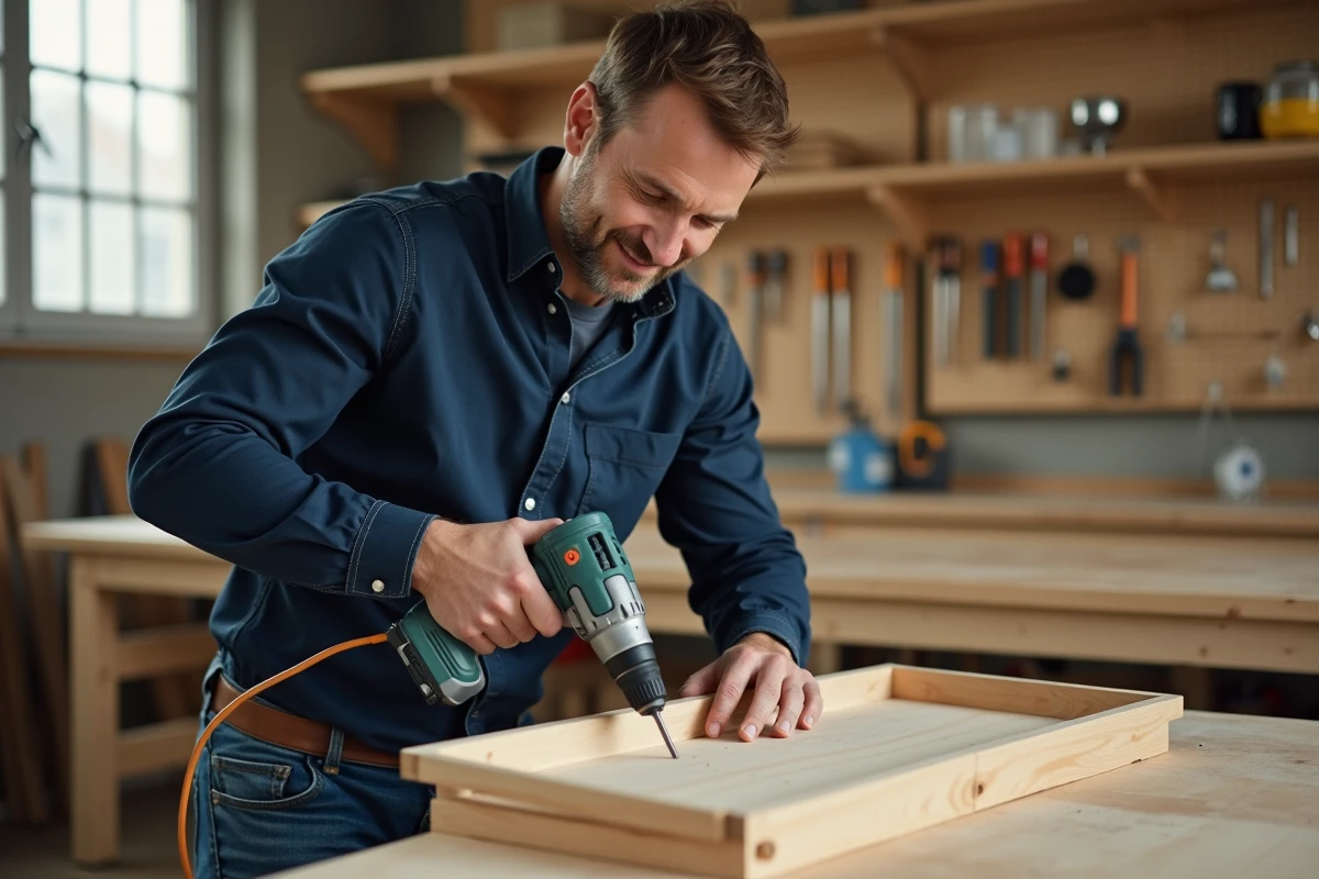 Homme d'âge moyen assemble une étagère en bois dans un atelier lumineux