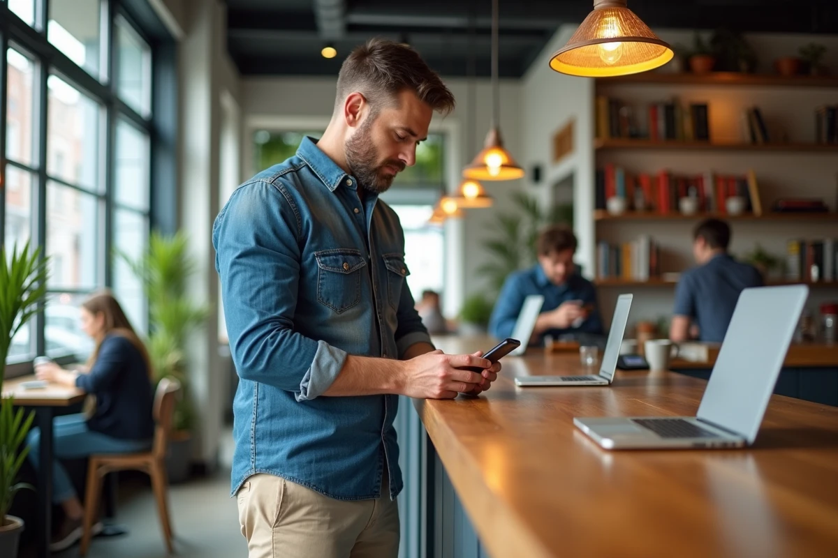 Homme d age moyen dans un cafe lisant sur son mobile