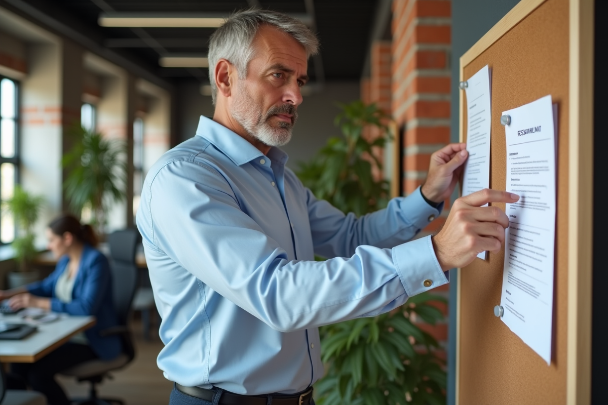 Homme pinçant un CV dans un espace de travail collaboratif