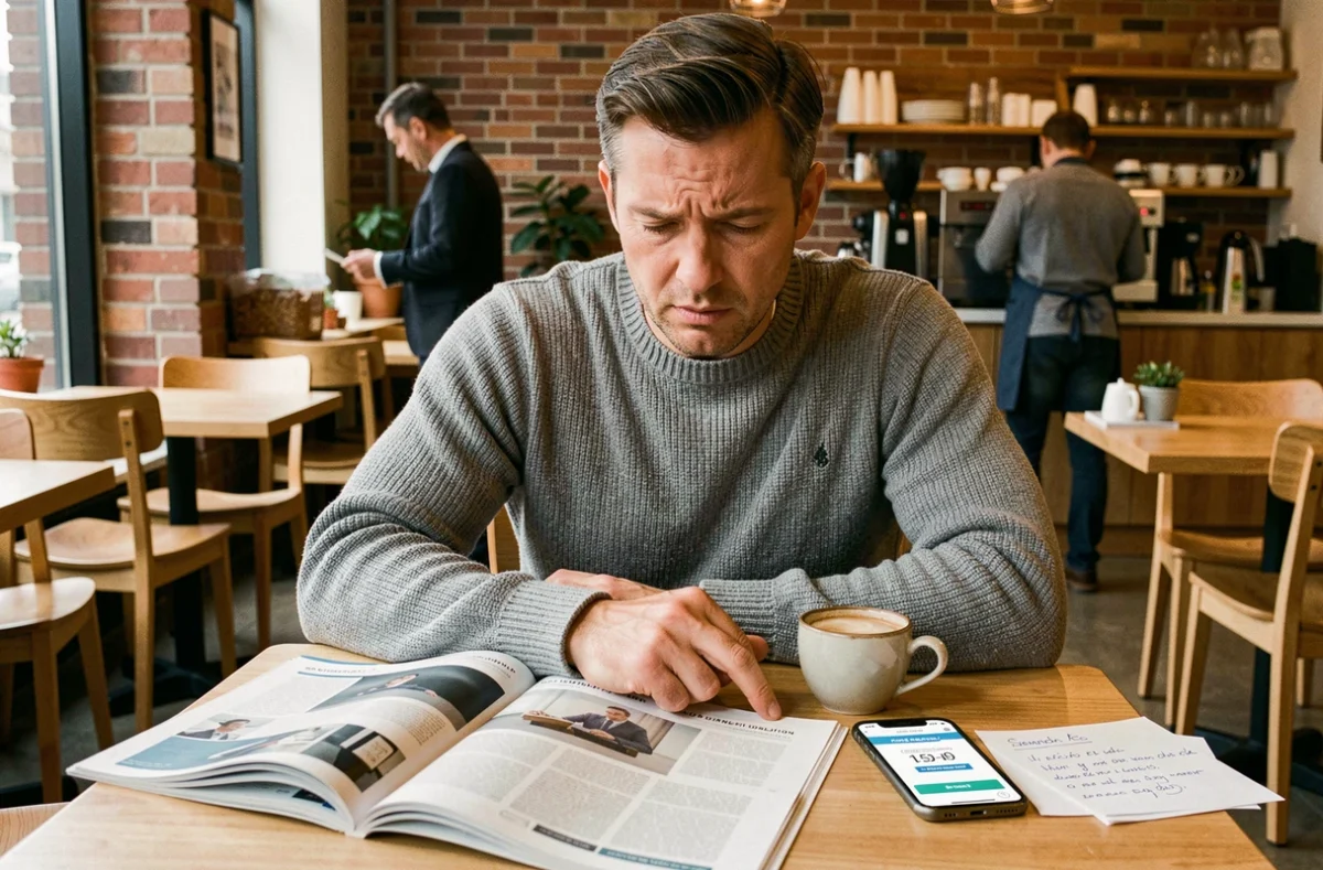 Homme comparant les prix d'abonnements à un magazine business sur son téléphone et en version papier dans un café urbain