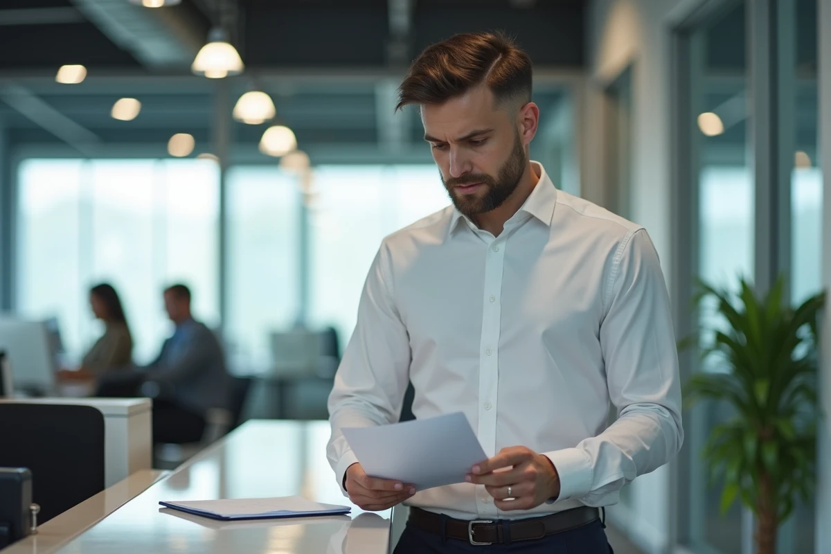 Homme en tenue professionnelle consultant une lettre de motivation dans un bureau administratif moderne