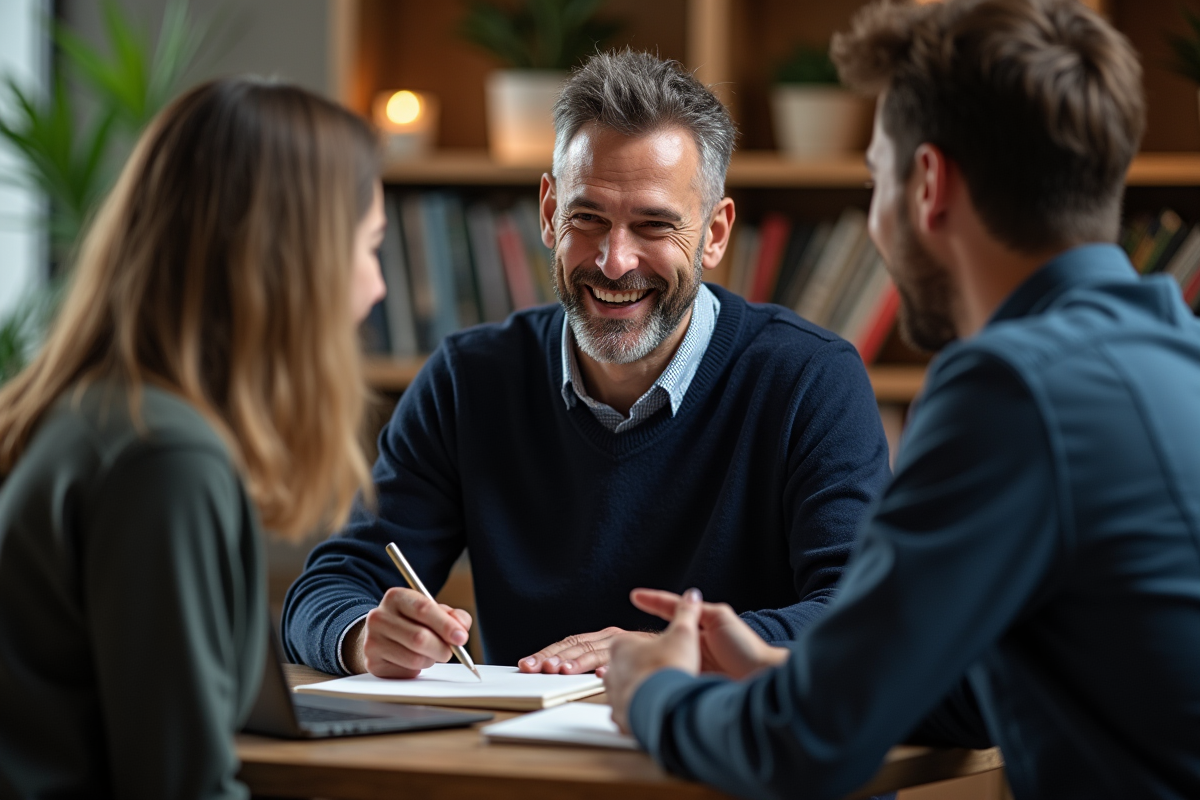 Homme souriant discutant avec un collègue dans un café chaleureux